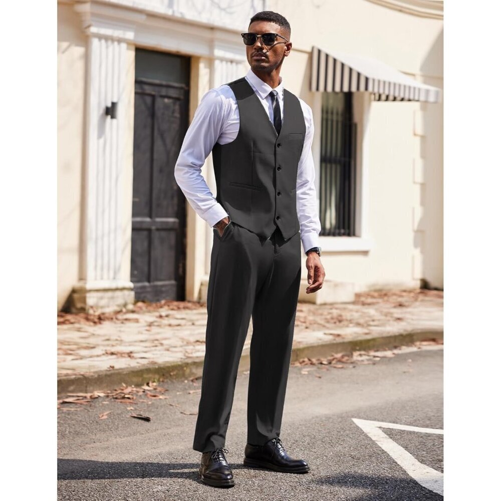 Men's  Dark Grey 3 Pieces Suits Classic Fit 2 Buttons Dress Wedding Business - Picture 4 of 7